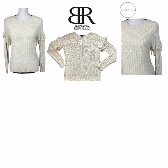 BANANA Republic Fringe Sleeve Crew Neck Cream Sweater Size Small - Picture 1 of 6